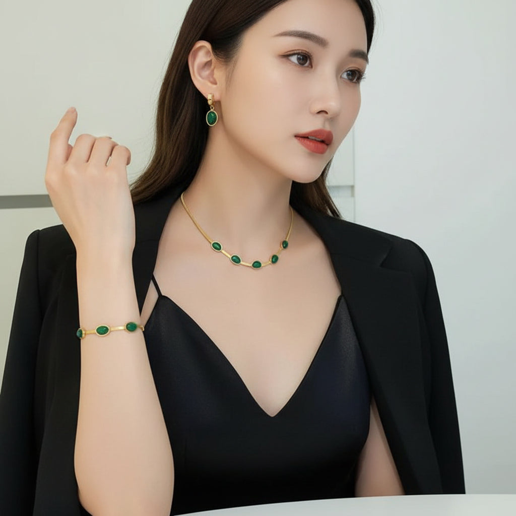 Oval Green Crystal Pendant Necklace Set With Bracelet